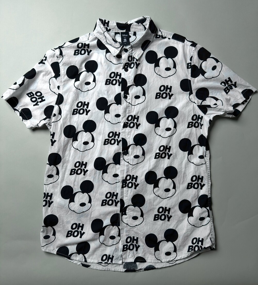 Disney Mickey Mouse Shirt Mens Large White Black Oh Boy Neff Button Up Cartoon
